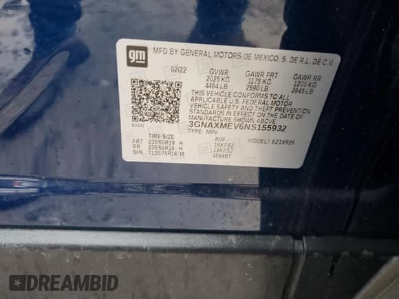 ✅ 2022 Chevrolet Equinox RS • VIN: 3GNAXMEV6NS155932 • Лот: 90132795. Опубликован ранее на Copart с пробегом 45 638 миль. Бесплатный доступ к архиву аукционных продаж из США и подробный отчёт об истории автомобиля на DreamBid. Изображение 13.