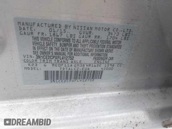 ✅ 2015 Nissan Note S Plus • VIN: 3N1CE2CPXFL412752 • Lot: 42523293. Listed on IAAI with 64,490 mi. Free auction sales archive from the USA and detailed vehicle history report at DreamBid. Image 9.