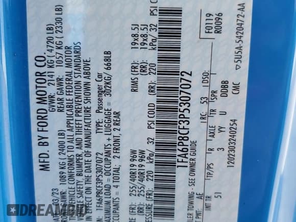 ✅ 2023 Ford Mustang GT • VIN: 1FA6P8CF3P5307072 • Lot: 66907015. Listed on Copart with 23,514 mi. Free auction sales archive from the USA and detailed vehicle history report at DreamBid. Image 13.