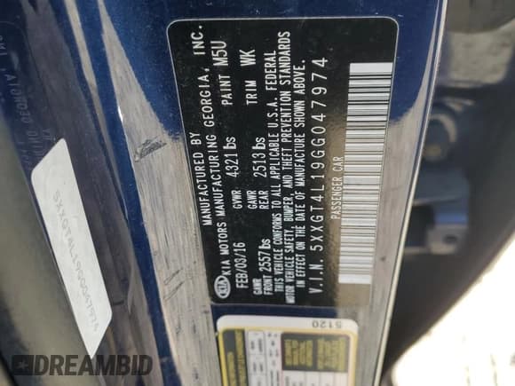 ✅ 2016 Kia Optima LX Turbo • VIN: 5XXGT4L19GG047974 • Lot: 91174085. Listed on Copart with 135,561 mi. Free auction sales archive from the USA and detailed vehicle history report at DreamBid. Image 13.