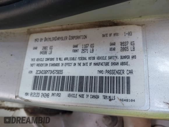 ✅ 2003 Chrysler Concorde LXi • VIN: 2C3HD36M73H575655 • Лот: 42563964. Опубликован ранее на IAAI с пробегом 285 132 миль. Бесплатный доступ к архиву аукционных продаж из США и подробный отчёт об истории автомобиля на DreamBid. Изображение 9.