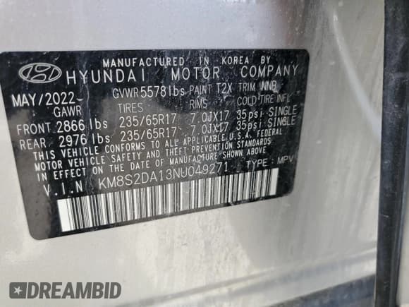 ✅ 2022 Hyundai Santa Fe Blue • VIN: KM8S2DA13NU049271 • Lot: 55011694. Wystawiony na Copart z przebiegiem 29 382 mil. Bezpłatny archiwum sprzedaży aukcyjnych z USA i szczegółowy raport historii pojazdu na DreamBid. Zdjęcie 13.