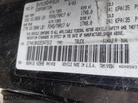 2003 Dodge 1500 ST z VIN 1D7HA18N33S347312, wystawiony jako IAAI lot #42521588 z przebiegiem Nie podano mil oraz . Historia ofert i sprzedaży dostępna na DreamBid. Obrazek 9.