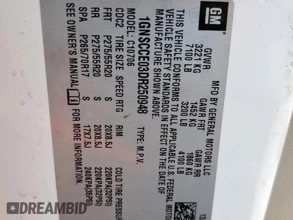 ✅ 2013 Chevrolet Tahoe LTZ • VIN: 1GNSCCE03DR250948 • Lot: 67090695. Listed on Copart with 99,804 mi. Free auction sales archive from the USA and detailed vehicle history report at DreamBid. Image 13.