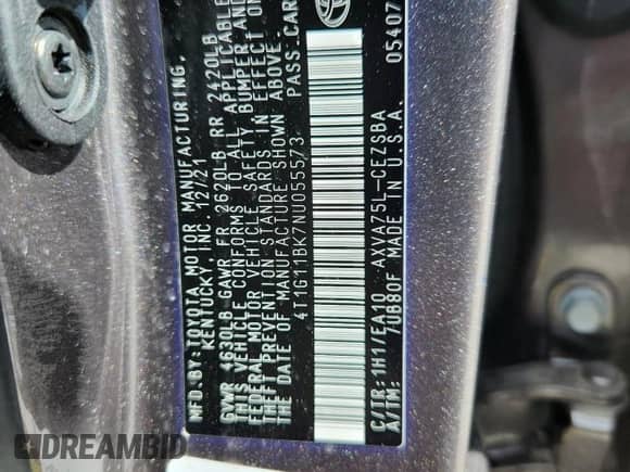 2022 Toyota Camry SE с VIN 4T1G11BK7NU055573, выставлен на аукционе Copart как лот 70327775 с пробегом 19 437 миль миль и Списание • Salvage title. История ставок и продаж доступна на DreamBid. Изображение 12.