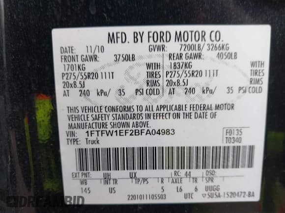 ✅ 2011 Ford F-150 XL • VIN: 1FTFW1EF2BFA04983 • Лот: 43601498. Опубликован ранее на IAAI с пробегом 220 600 миль. Бесплатный доступ к архиву аукционных продаж из США и подробный отчёт об истории автомобиля на DreamBid. Изображение 9.