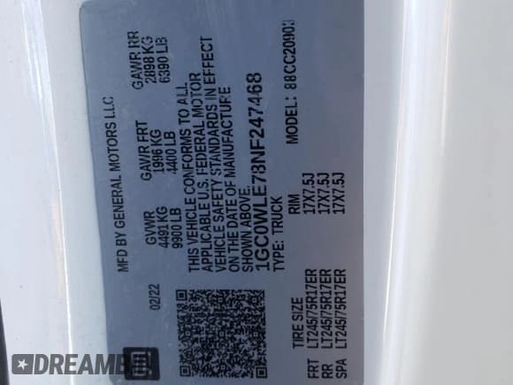 ✅ 2022 Chevrolet Silverado 2500HD Work Truck • VIN: 1GC0WLE78NF247468 • Лот: 46803825. Опубликован ранее на Copart с пробегом 77 248 миль. Бесплатный доступ к архиву аукционных продаж из США и подробный отчёт об истории автомобиля на DreamBid. Изображение 12.