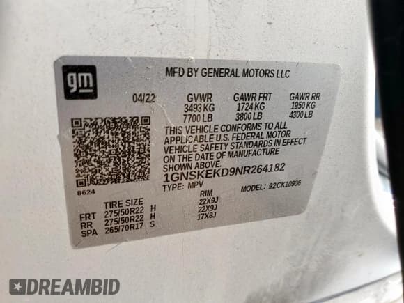 ✅ 2022 Chevrolet Suburban RST • VIN: 1GNSKEKD9NR264182 • Lot: 80283255. Listed on Copart with 57,374 mi. Free auction sales archive from the USA and detailed vehicle history report at DreamBid. Image 13.