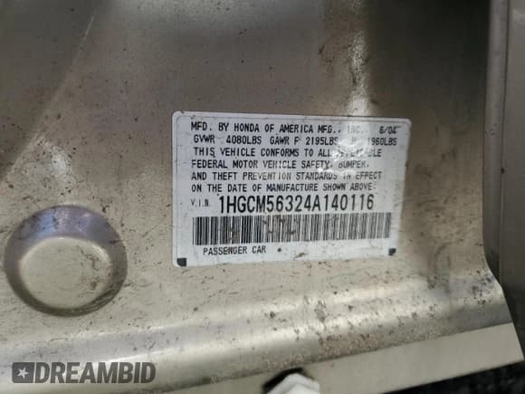 ✅ 2004 Honda Accord LX • VIN: 1HGCM56324A140116 • Lot: 84046705. Wystawiony na Copart z przebiegiem 191 700 mil. Bezpłatny archiwum sprzedaży aukcyjnych z USA i szczegółowy raport historii pojazdu na DreamBid. Zdjęcie 12.