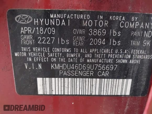 ✅ 2009 Hyundai Elantra GLS • VIN: KMHDU46D69U756697 • Lot: 43582542. Listed on IAAI with 55,909 mi. Free auction sales archive from the USA and detailed vehicle history report at DreamBid. Image 9.