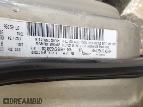 ✅ 2000 Jeep Grand Cherokee Laredo • VIN: 1J4G248S5YC299897 • Lot: 41944724. Listed on IAAI with Not provided. Free auction sales archive from the USA and detailed vehicle history report at DreamBid. Image 9.