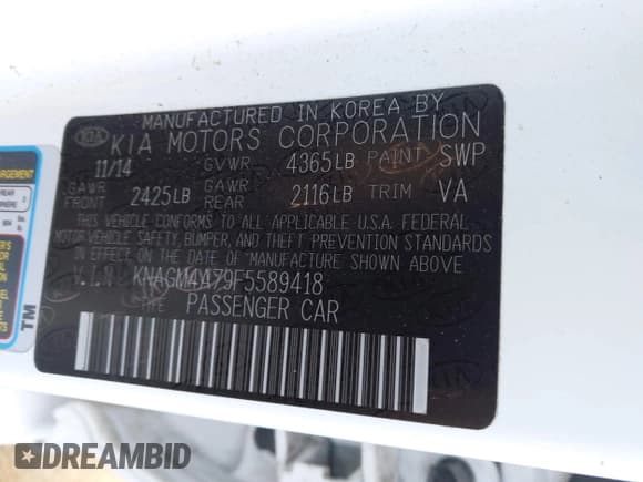 ✅ 2015 Kia Optima LX • VIN: KNAGM4A79F5589418 • Lot: 43877674. Listed on IAAI with 80,600 mi. Free auction sales archive from the USA and detailed vehicle history report at DreamBid. Image 9.