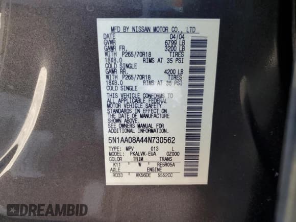✅ 2004 Nissan Armada LE • VIN: 5N1AA08A44N730562 • Lot: 89444705. Wystawiony na Copart z przebiegiem 205 397 mil. Bezpłatny archiwum sprzedaży aukcyjnych z USA i szczegółowy raport historii pojazdu na DreamBid. Zdjęcie 13.