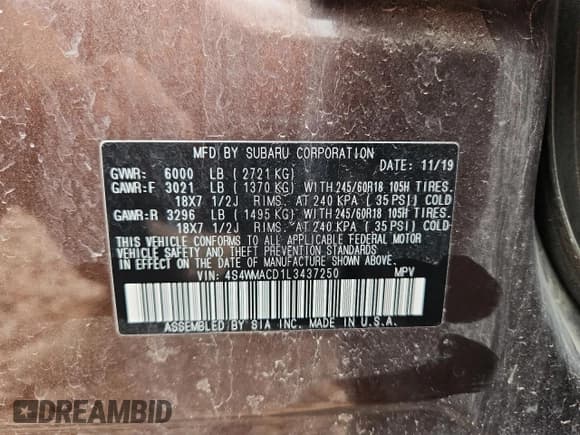 ✅ 2020 Subaru Ascent Premium • VIN: 4S4WMACD1L3437250 • Lot: 63868905. Listed on Copart with 69,631 mi. Free auction sales archive from the USA and detailed vehicle history report at DreamBid. Image 13.