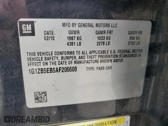 ✅ 2010 Chevrolet Malibu 1LS • VIN: 1G1ZB5EB5AF206608 • Lot: 66596664. Listed on Copart with Not provided. Free auction sales archive from the USA and detailed vehicle history report at DreamBid. Image 12.