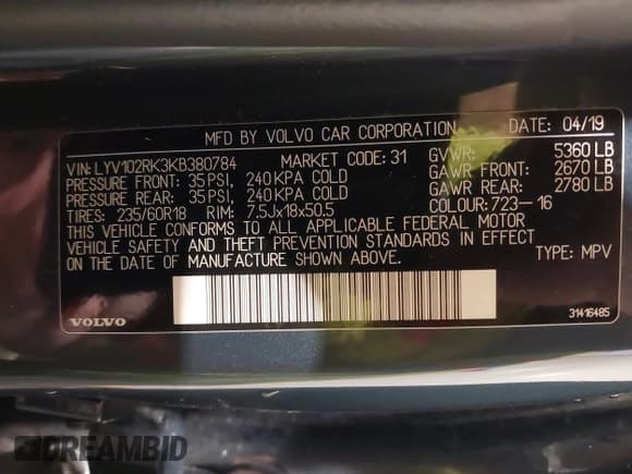 ✅ 2019 Volvo XC60 Momentum • VIN: LYV102RK3KB380784 • Lot: 42344137. Listed on IAAI with 61,315 mi. Free auction sales archive from the USA and detailed vehicle history report at DreamBid. Image 9.