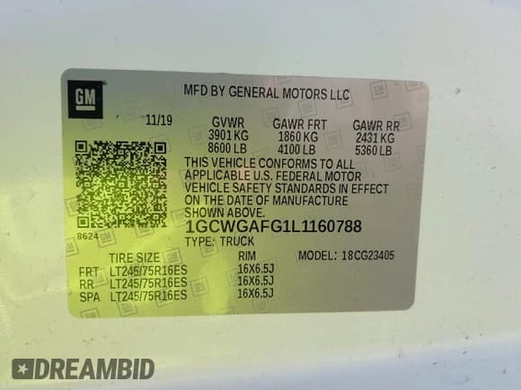 ✅ 2020 Chevrolet Express Cargo • VIN: 1GCWGAFG1L1160788 • Lot: 42772328. Listed on IAAI with 115,254 mi. Free auction sales archive from the USA and detailed vehicle history report at DreamBid. Image 9.