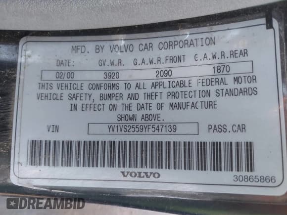 ✅ 2000 Volvo S40 • VIN: YV1VS2559YF547139 • Lot: 43392380. Listed on IAAI with 134,438 mi. Free auction sales archive from the USA and detailed vehicle history report at DreamBid. Image 9.