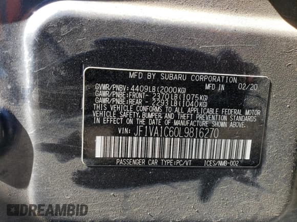 ✅ 2020 Subaru WRX Premium • VIN: JF1VA1C60L9816270 • Lot: 44570175. Listed on Copart with Not provided. Free auction sales archive from the USA and detailed vehicle history report at DreamBid. Image 14.