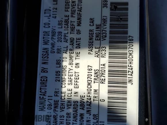 ✅ 2012 Nissan 370Z Touring • VIN: JN1AZ4FH0CM370167 • Lot: 64501655. Listed on Copart with 68,135 mi. Free auction sales archive from the USA and detailed vehicle history report at DreamBid. Image 12.