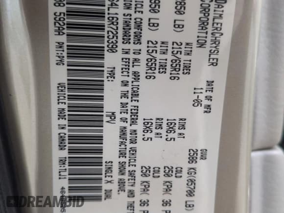 ✅ 2006 Chrysler Town & Country Limited • VIN: 2A8GP64L16R725390 • Лот: 57944545. Опубликован ранее на Copart с пробегом 124 905 миль. Бесплатный доступ к архиву аукционных продаж из США и подробный отчёт об истории автомобиля на DreamBid. Изображение 13.