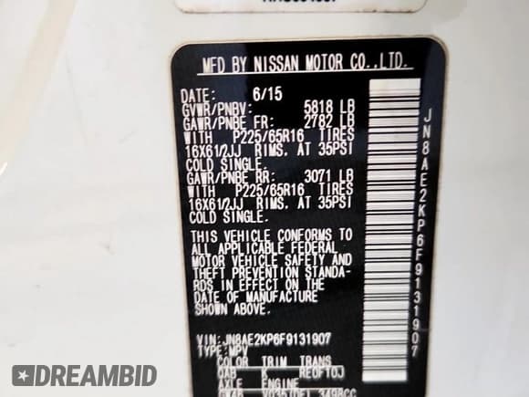 ✅ 2015 Nissan Quest S • VIN: JN8AE2KP6F9131907 • Lot: 92698855. Listed on Copart with 82,746 mi. Free auction sales archive from the USA and detailed vehicle history report at DreamBid. Image 12.