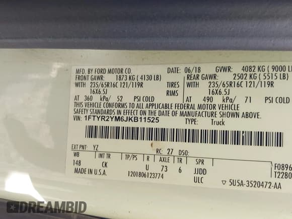 ✅ 2018 Ford Transit • VIN: 1FTYR2YM6JKB11525 • Лот: 43379951. Опубликован ранее на IAAI с пробегом 122 747 миль. Бесплатный доступ к архиву аукционных продаж из США и подробный отчёт об истории автомобиля на DreamBid. Изображение 9.