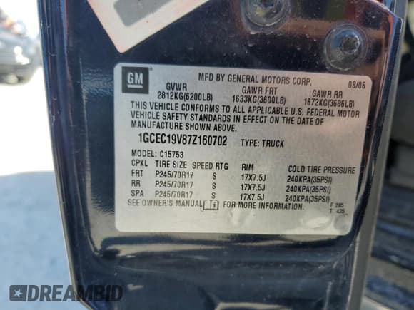 ✅ 2007 Chevrolet Silverado 1500 Work Truck • VIN: 1GCEC19V87Z160702 • Lot: 72997584. Listed on Copart with 111,834 mi. Free auction sales archive from the USA and detailed vehicle history report at DreamBid. Image 13.