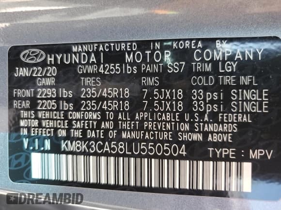 ✅ 2020 Hyundai Kona Limited • VIN: KM8K3CA58LU550504 • Лот: 56049804. Опубликован ранее на Copart с пробегом 39 263 миль. Бесплатный доступ к архиву аукционных продаж из США и подробный отчёт об истории автомобиля на DreamBid. Изображение 12.