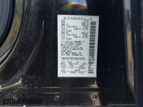 ✅ 2005 Nissan Titan LE • VIN: 1N6AA07B35N504302 • Lot: 43149610. Listed on IAAI with 171,549 mi. Free auction sales archive from the USA and detailed vehicle history report at DreamBid. Image 9.