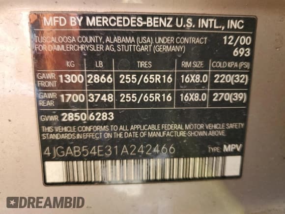 ✅ 2001 Mercedes-Benz M 320/430/500 • VIN: 4JGAB54E31A242466 • Лот: 80584225. Опубликован ранее на Copart с пробегом 174 690 миль. Бесплатный доступ к архиву аукционных продаж из США и подробный отчёт об истории автомобиля на DreamBid. Изображение 14.