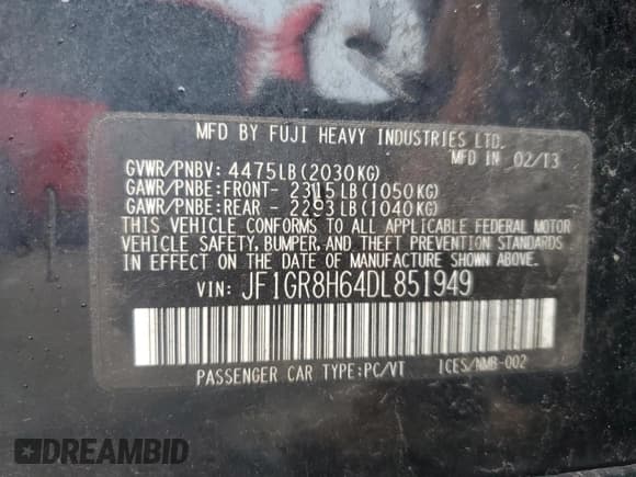 ✅ 2013 Subaru WRX WRX STI • VIN: JF1GR8H64DL851949 • Лот: 68595885. Опубликован ранее на Copart с пробегом 55 759 миль. Бесплатный доступ к архиву аукционных продаж из США и подробный отчёт об истории автомобиля на DreamBid. Изображение 12.