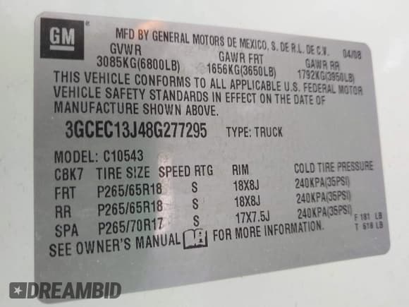 ✅ 2008 Chevrolet Silverado 1500 1LT • VIN: 3GCEC13J48G277295 • Lot: 43643534. Listed on IAAI with 160,633 mi. Free auction sales archive from the USA and detailed vehicle history report at DreamBid. Image 9.