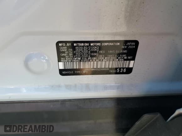 ✅ 2025 Mitsubishi Eclipse Cross SE • VIN: JA4ATWAA3SZ006695 • Лот: 85090545. Опубликован ранее на Copart с пробегом 17 059 миль. Бесплатный доступ к архиву аукционных продаж из США и подробный отчёт об истории автомобиля на DreamBid. Изображение 13.