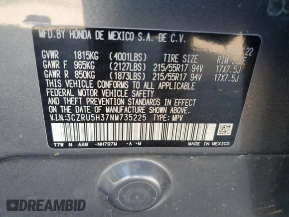 ✅ 2022 Honda HR-V LX • VIN: 3CZRU5H37NM735225 • Lot: 90589595. Wystawiony na Copart z przebiegiem 68 509 mil. Bezpłatny archiwum sprzedaży aukcyjnych z USA i szczegółowy raport historii pojazdu na DreamBid. Zdjęcie 12.