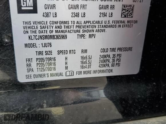 ✅ 2021 Chevrolet Trax LS • VIN: KL7CJNSM0MB365969 • Lot: 69978425. Listed on Copart with 16,568 mi. Free auction sales archive from the USA and detailed vehicle history report at DreamBid. Image 13.