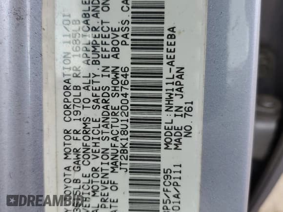 ✅ 2002 Toyota Prius • VIN: JT2BK18U120047646 • Lot: 78569434. Listed on Copart with 158,827 mi. Free auction sales archive from the USA and detailed vehicle history report at DreamBid. Image 14.