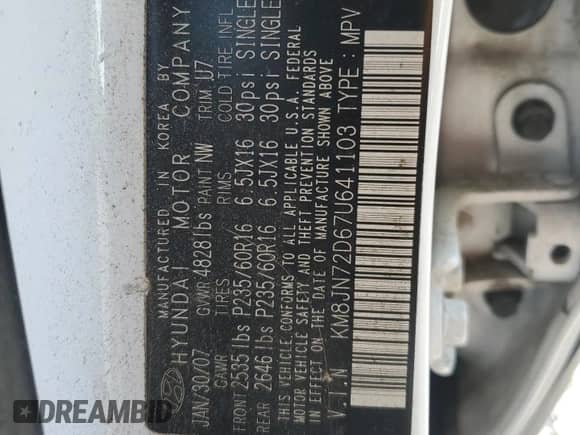 2007 Hyundai Tucson SE с VIN KM8JN72D67U641103, выставлен на аукционе Copart как лот 69625185 с пробегом 176 454 миль миль и Чистый • Clean title. История ставок и продаж доступна на DreamBid. Изображение 13.