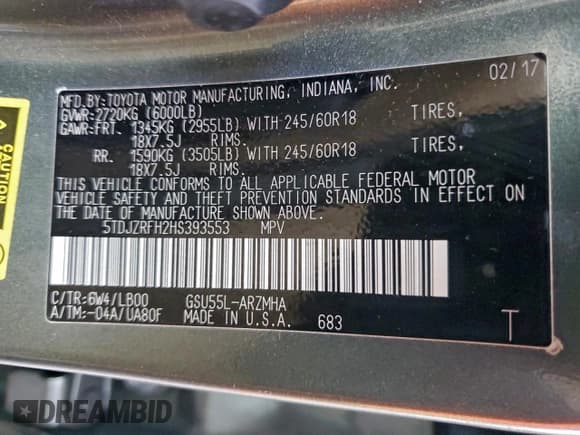 ✅ 2017 Toyota Highlander XLE • VIN: 5TDJZRFH2HS393553 • Lot: 94578105. Listed on Copart with 83,913 mi. Free auction sales archive from the USA and detailed vehicle history report at DreamBid. Image 13.