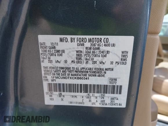 ✅ 2012 Ford Escape XLT • VIN: 1FMCU9D7XCKB60341 • Лот: 42314412. Опубликован ранее на IAAI с пробегом 162 764 миль. Бесплатный доступ к архиву аукционных продаж из США и подробный отчёт об истории автомобиля на DreamBid. Изображение 9.