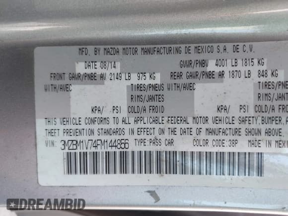 ✅ 2015 Mazda 3 i Touring • VIN: 3MZBM1V74FM144856 • Lot: 42570180. Listed on IAAI with 132,573 mi. Free auction sales archive from the USA and detailed vehicle history report at DreamBid. Image 9.