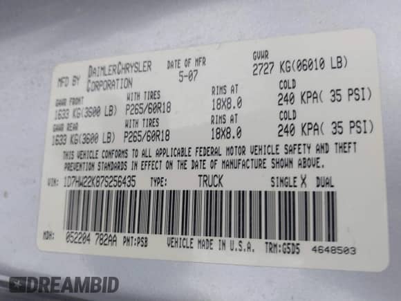 2007 Dodge Dakota ST z VIN 1D7HW22K87S256435, wystawiony jako IAAI lot #41036279 z przebiegiem 198 616 mil mil oraz . Historia ofert i sprzedaży dostępna na DreamBid. Obrazek 9.