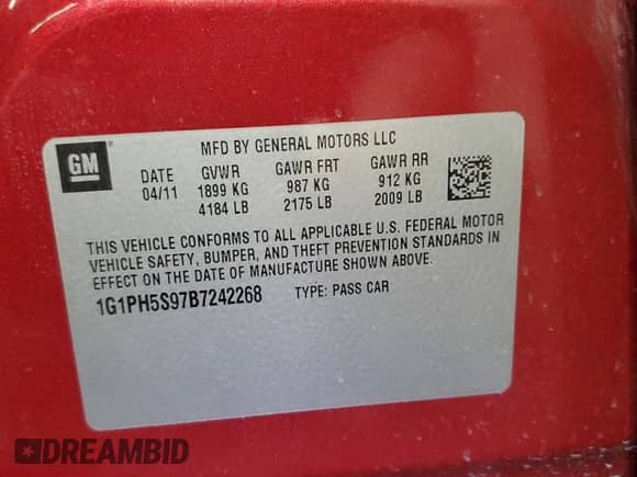 2011 Chevrolet Cruze LTZ with VIN 1G1PH5S97B7242268, listed as a Copart auction lot 89837915 with 166,608 mi miles and Salvage title. Bid and sale history available at DreamBid. Image 12.