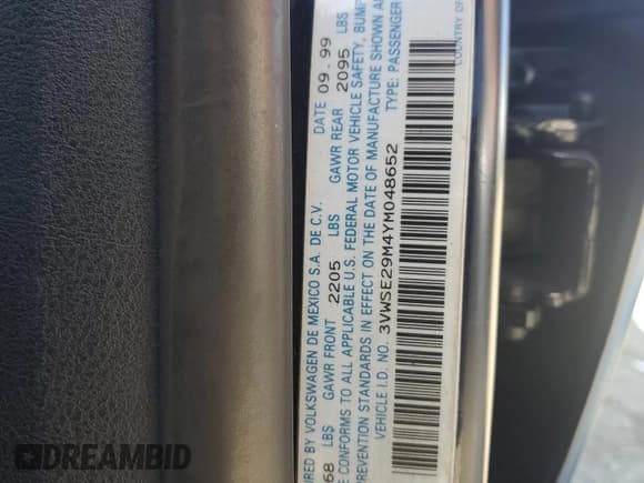 ✅ 2000 Volkswagen Jetta GLS • VIN: 3VWSE29M4YM048652 • Lot: 66757975. Listed on Copart with 193,414 mi. Free auction sales archive from the USA and detailed vehicle history report at DreamBid. Image 12.