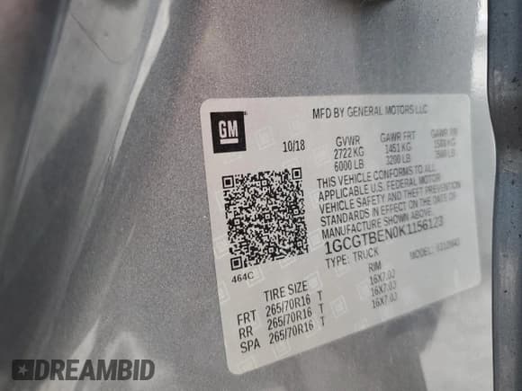 ✅ 2019 Chevrolet Colorado 4WD Work Truck • VIN: 1GCGTBEN0K1156123 • Лот: 67947385. Опубликован ранее на Copart с пробегом 80 567 миль. Бесплатный доступ к архиву аукционных продаж из США и подробный отчёт об истории автомобиля на DreamBid. Изображение 12.