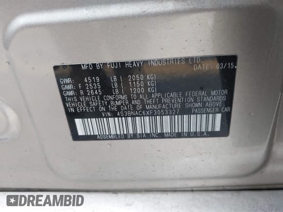 ✅ 2015 Subaru Legacy Premium • VIN: 4S3BNAC6XF3053327 • Lot: 43528462. Listed on IAAI with 85,796 mi. Free auction sales archive from the USA and detailed vehicle history report at DreamBid. Image 9.