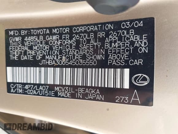 ✅ 2004 Lexus ES 350 • VIN: JTHBA30G545035550 • Lot: 42388367. Listed on IAAI with 136,882 mi. Free auction sales archive from the USA and detailed vehicle history report at DreamBid. Image 9.