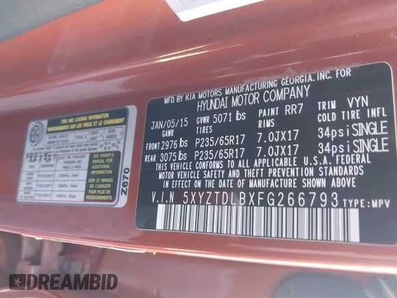 2015 Hyundai Santa Fe z VIN 5XYZTDLBXFG266793, wystawiony jako IAAI lot #43588575 z przebiegiem 129 838 mil mil oraz . Historia ofert i sprzedaży dostępna na DreamBid. Obrazek 9.