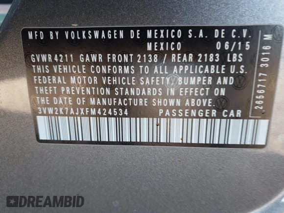 ✅ 2015 Volkswagen Jetta S • VIN: 3VW2K7AJXFM424534 • Lot: 43337101. Listed on IAAI with 116,547 mi. Free auction sales archive from the USA and detailed vehicle history report at DreamBid. Image 9.