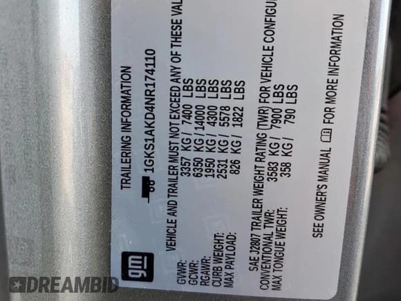 ✅ 2022 GMC Yukon SLE • VIN: 1GKS1AKD4NR174110 • Lot: 59767025. Wystawiony na Copart z przebiegiem 63 055 mil. Bezpłatny archiwum sprzedaży aukcyjnych z USA i szczegółowy raport historii pojazdu na DreamBid. Zdjęcie 13.